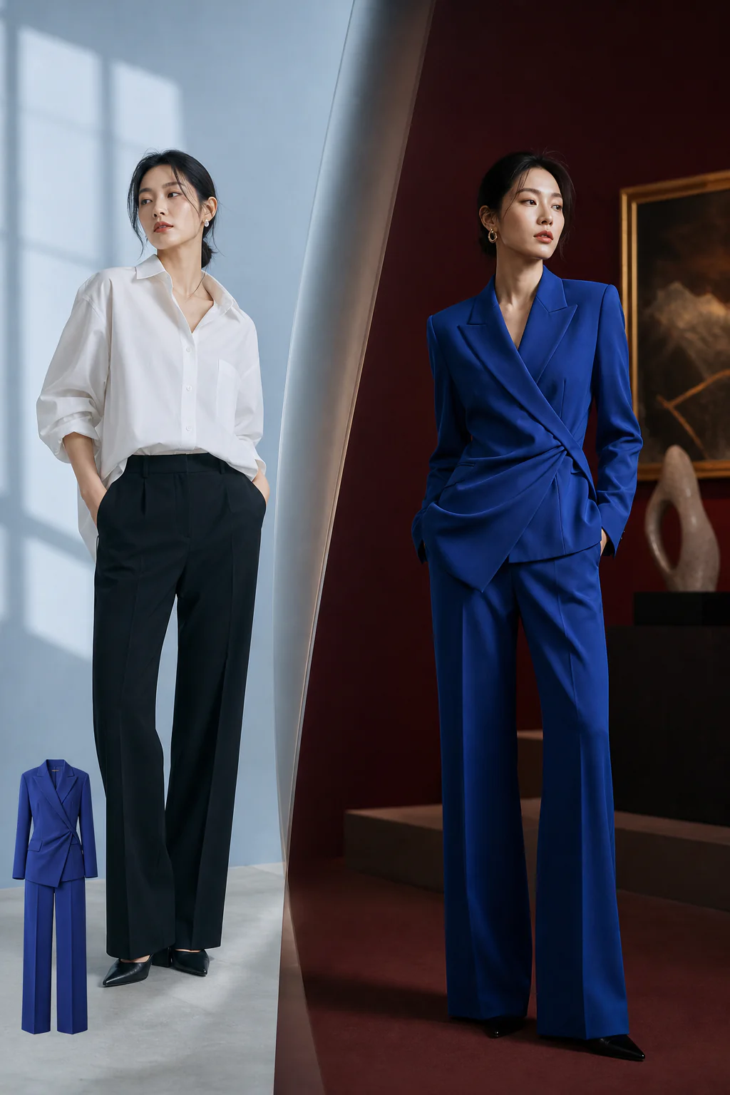 Doppl AI - Cobalt tailored suit transformation with an asymmetric studio-to-gallery composition
