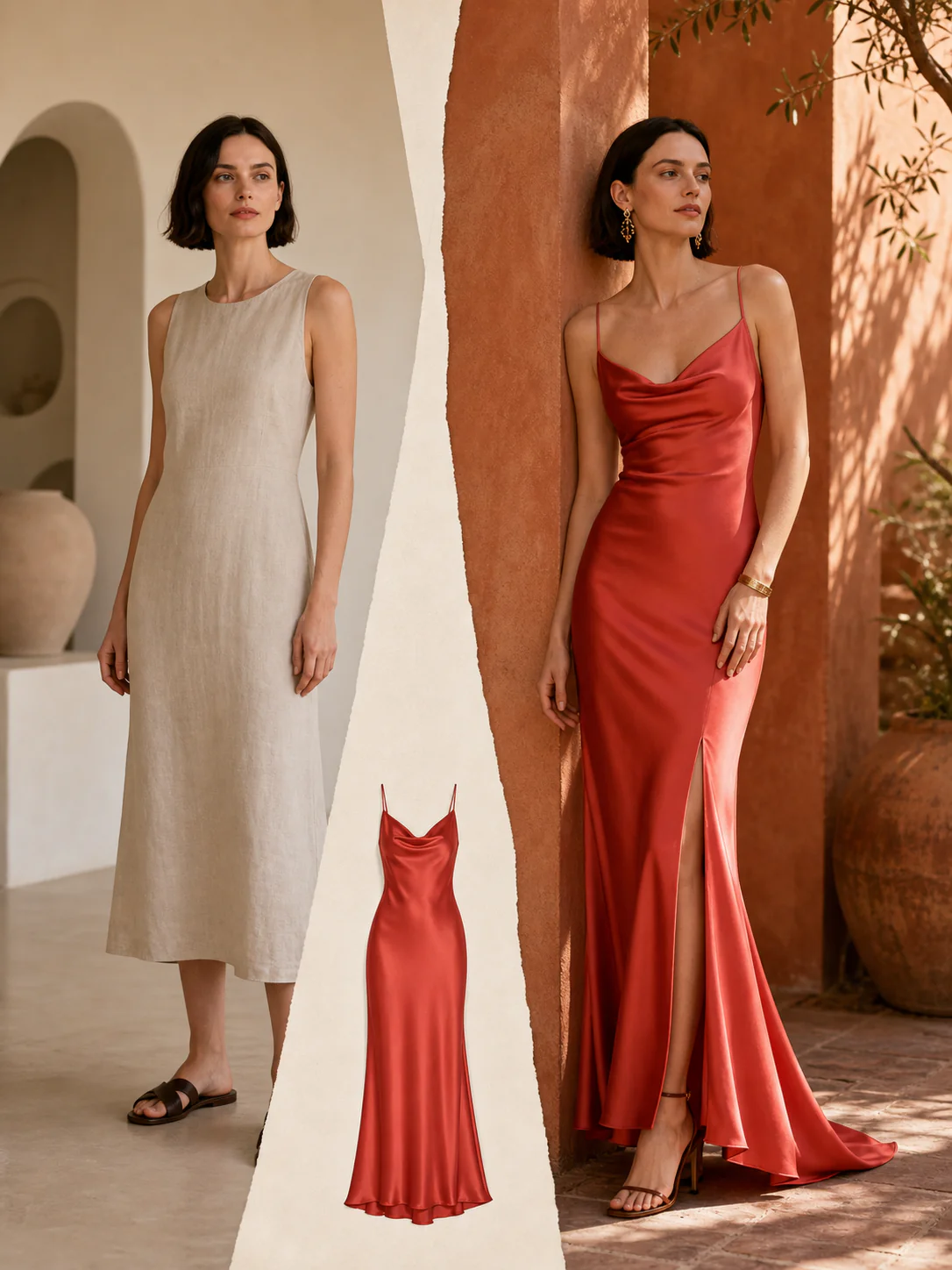 Doppl AI - Coral evening dress transformation with a warm terracotta editorial scene